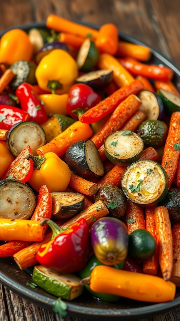 Delicious Gluten-Free Roasted Vegetables Recipe A medley of roasted bell peppers, zucchini, and carrots on a platter, garnished with herbs, perfect for a gluten-free side dish.
